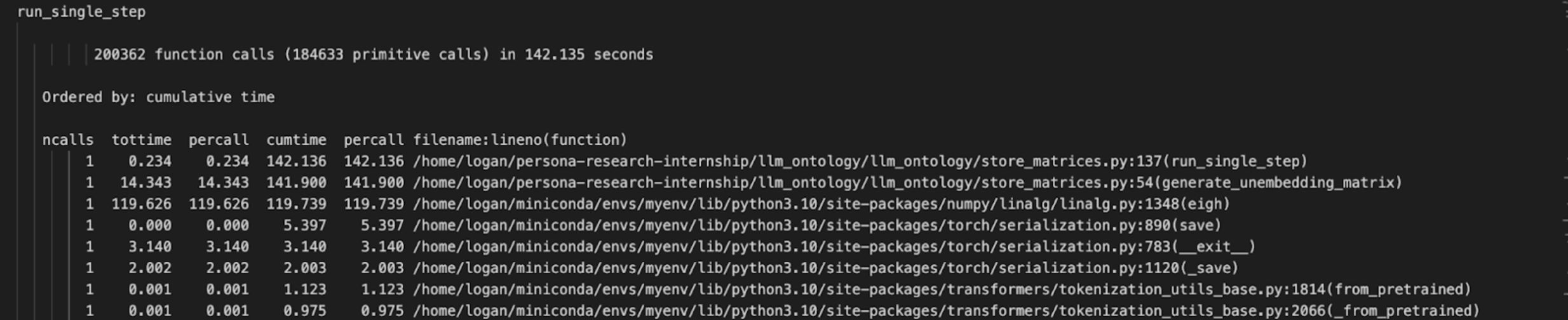 Snapshot of our profiling output